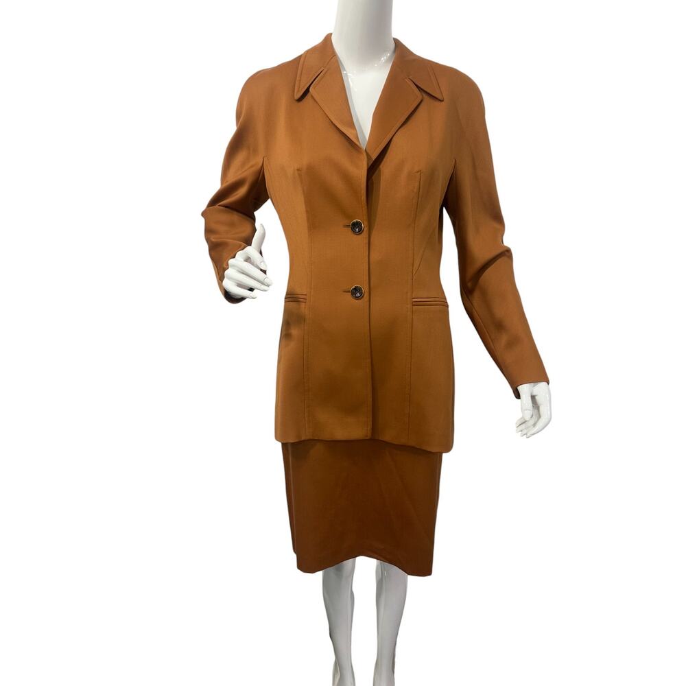Escada Skirt Suit Set Brown Wool Blazer Jacket Knee Length Women's Size 40